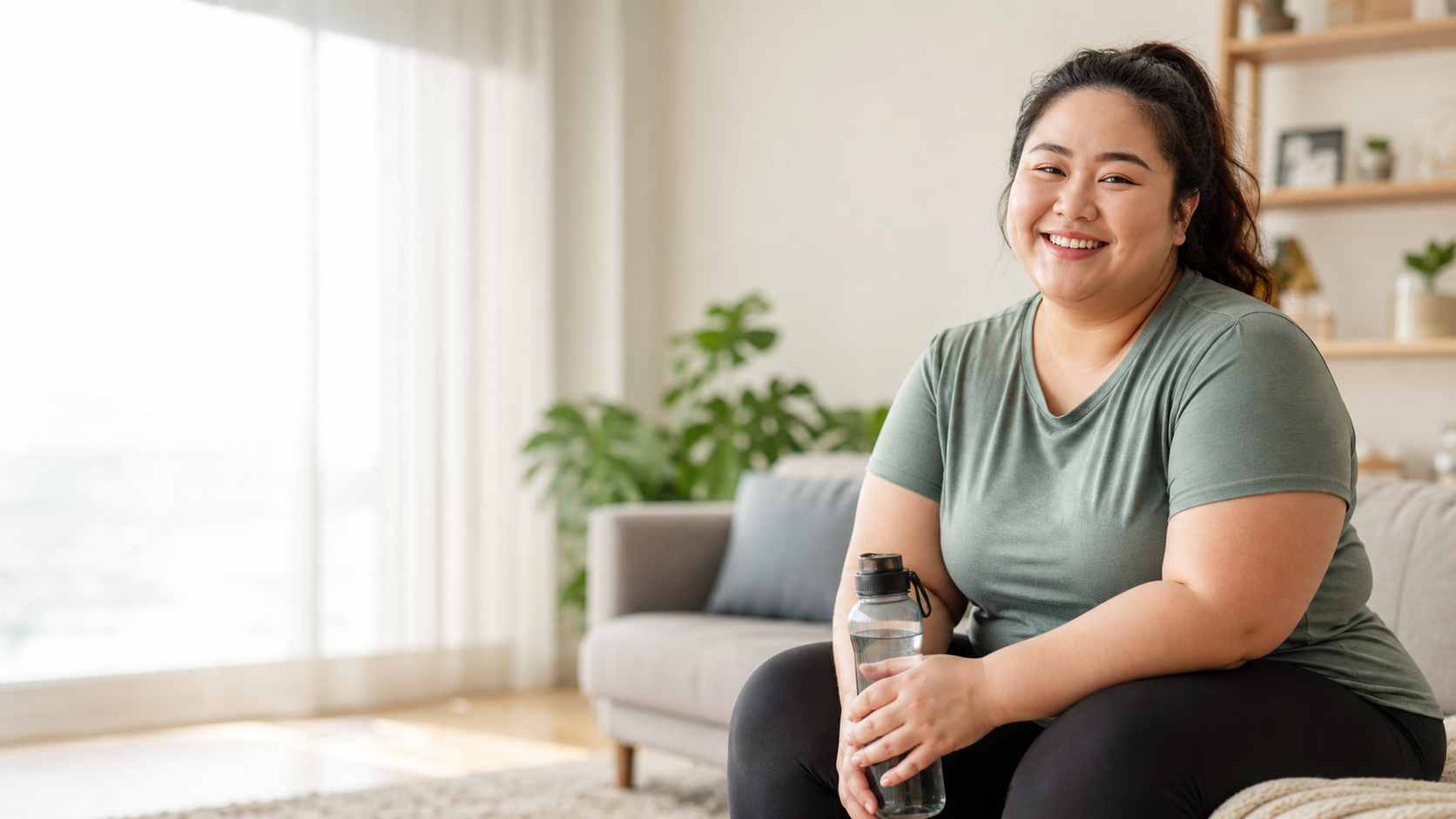 Smiling woman holding a water bottle in a comfortable home setting