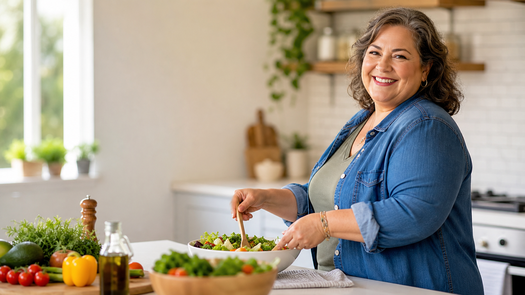 Smiling woman preparing a fresh salad in a bright kitchen