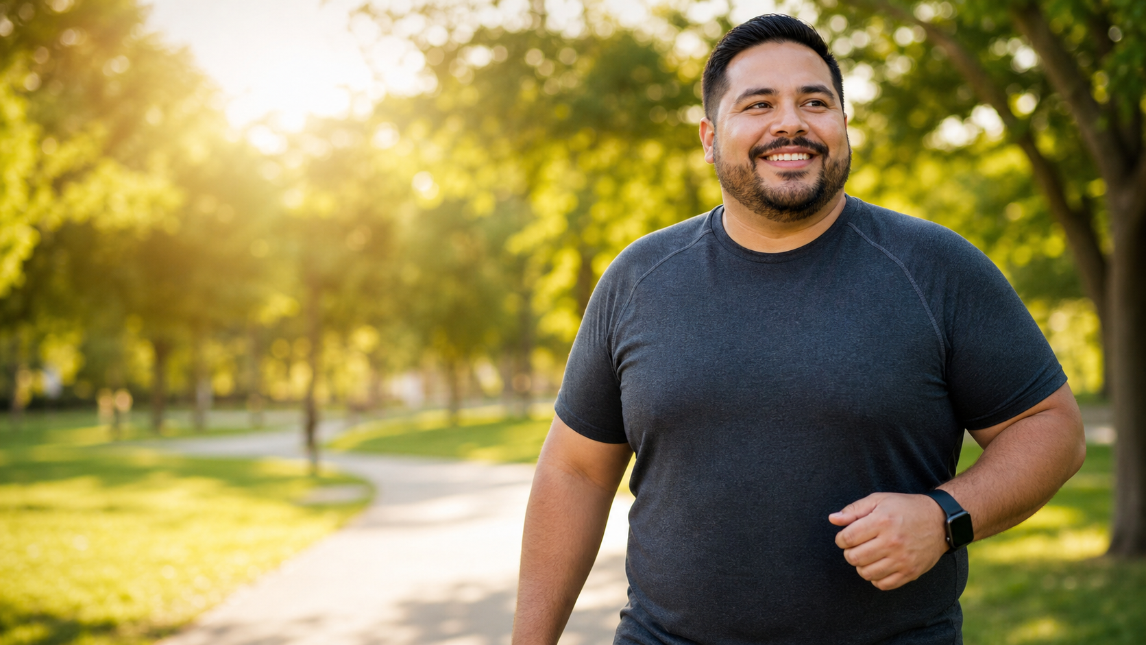 Smiling man walking through a sunny park for healthy movement
