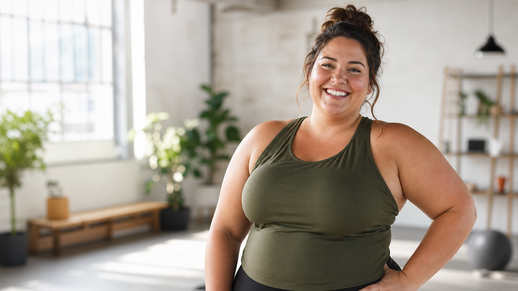 Smiling woman in activewear standing in a bright wellness studio