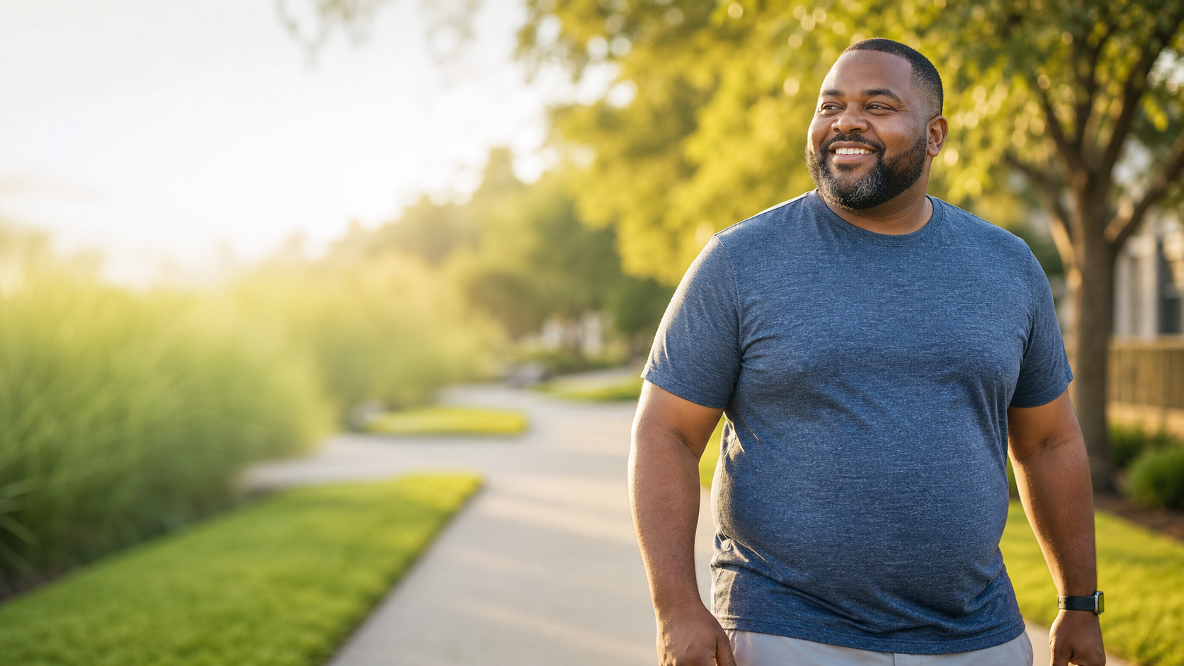Smiling man walking outdoors on a sunny path during a weight management journey